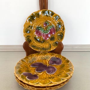 Set of 5 Vintage Majolica Pottery Plates – Embossed Fruit – French Country Style