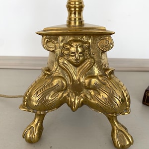 Very large Antique Candelabra Lamp in chased bronze, Antique French table lamp with silk and velvet lampshade