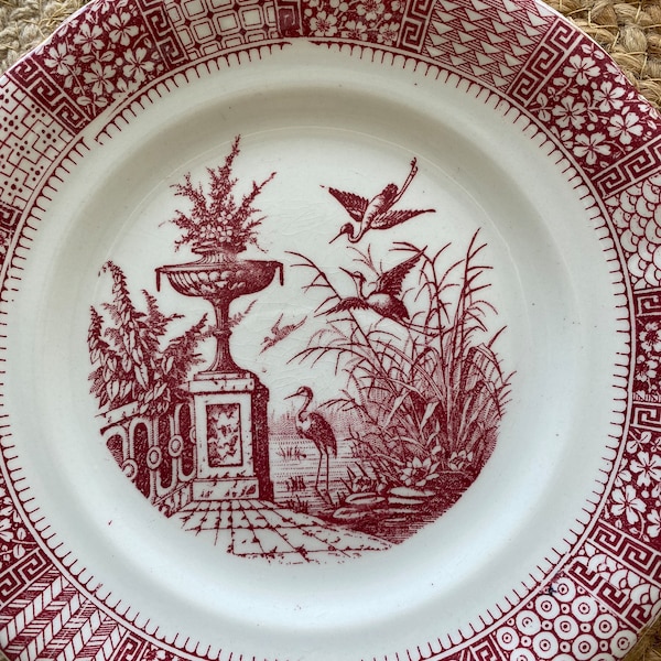 RARE K&G Lunéville Art Nouveau dessert plate, Lunéville red lace pattern, Antique French porcelain plates