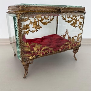 Antike Schmuckschatulle aus Glas und vergoldetem Messing, Stil Napoleon III, Reliquienschatulle aus dem 19. Jahrhundert
