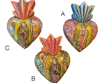Sacred Heart with Hand Painted Guadalupe Virgin, Guadalupe Heart, Mexico Religious Decor, Mexico Virgin Mary, Wooden Hand Painted Virgin