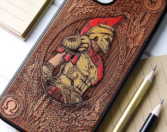 Spartan Recolored - Phone case wood laser engraved + hand painting for iPhone 15, 14, 13, 12, 11, XS, X and Samsung S23, S22, S21, S20