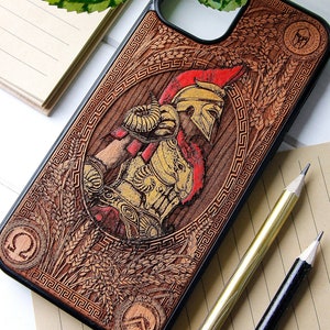 Spartan Recolored Phone case wood laser engraved hand painting for iPhone 15, 14, 13, 12, 11, XS, X and Samsung S23, S22, S21, S20 image 1