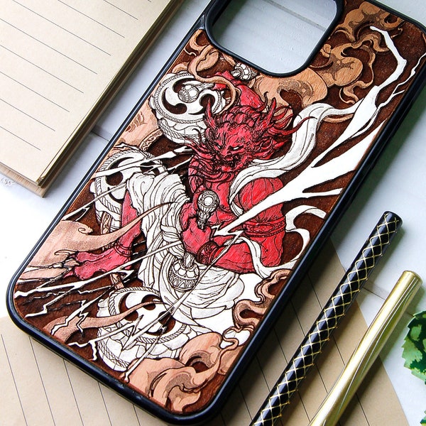 Raijin - Phone case wood laser engraved + hand painting for iPhone 15, 14, 13, 12, 11, XS, X and Samsung S23, S22, S21, S20