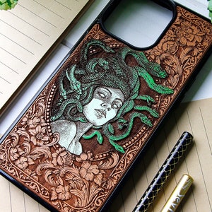 Medusa Recolored - Phone case wood laser engraved + hand painting for iPhone 15, 14, 13, 12, 11, XS, X and Samsung S23, S22, S21, S20