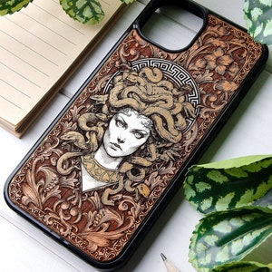 Medusa Recolored 2.0 - Phone case wood laser engraved + hand painting for iPhone 15, 14, 13, 12, 11, XS, X and Samsung S23, S22, S21, S20