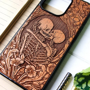 Liefde na de dood - Telefoonhoesje hout laser gegraveerd voor iPhone 15, 14, 13, 12, 11, XS, X en Samsung S23, S22, S21, S20