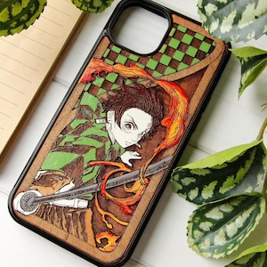 Fire samurai - Phone case wood laser engraved + hand painting for iPhone 15, 14, 13, 12, 11, XS, X and Samsung S23, S22, S21, S20