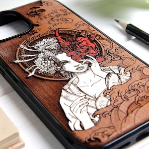 Geisha - Étui de téléphone bois gravé au laser + peinture à la main pour iPhone 15, 14, 13, 12, 11, XS, X et Samsung S23, S22, S21, S20