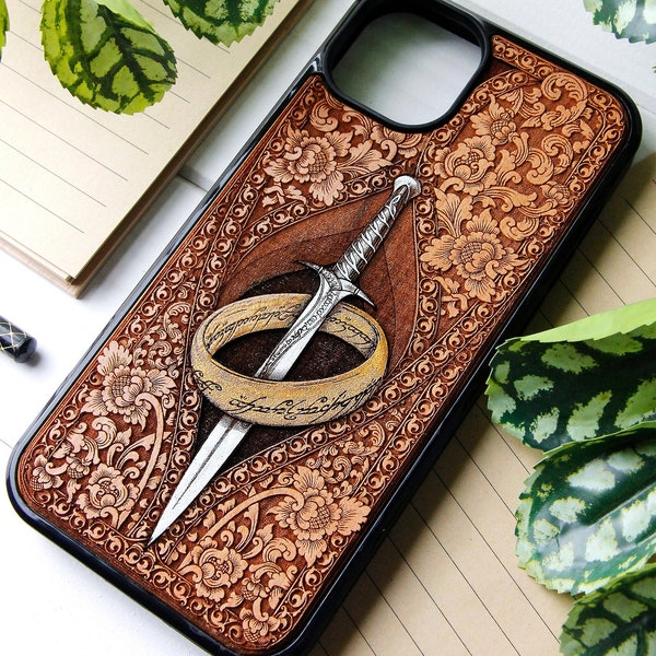 Lord of the rings - Phone case wood laser engraved + hand painting for iPhone 15, 14, 13, 12, 11, XS, X and Samsung S23, S22, S21, S20