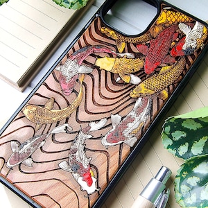 Koi Carp - Phone case wood laser engraved + hand painting for iPhone 15, 14, 13, 12, 11, XS, X and Samsung S23, S22, S21, S20