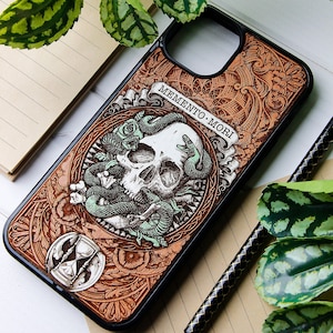 Memento Mori - Phone case wood laser engraved + hand painting for iPhone 15, 14, 13, 12, 11, XS, X and Samsung S23, S22, S21, S20