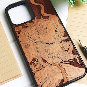 Oni - Lasergegraveerd telefoonhoesje hout voor iPhone 15, 14, 13, 12, 11, XS, X en Samsung S23, S22, S21, S20