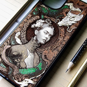 Dragon Queen - Phone case wood laser engraved + hand painting for iPhone 15, 14, 13, 12, 11, XS, X and Samsung S23, S22, S21, S20, S10, S9