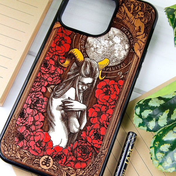 Lilith - Phone case wood laser engraved + hand painting for iPhone 15, 14, 13, 12, 11, XS, X and Samsung S23, S22, S21, S20