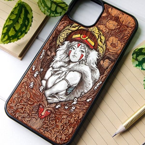 Princess Mononoke - Phone case wood laser engraved + hand painting for iPhone 15, 14, 13, 12, 11, XS, X and Samsung S23, S22, S21, S20