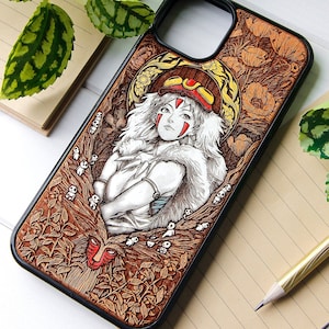 Princesse de la Forêt - Coque bois gravée laser + peinture à la main pour iPhone 15, 14, 13, 12, 11, XS, X et Samsung S23, S22, S21, S20