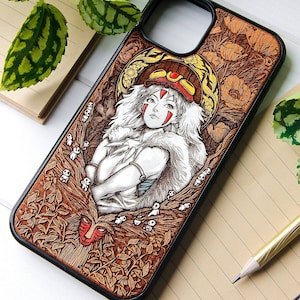 Princess Mononoke - Phone case wood laser engraved + hand painting for iPhone 15, 14, 13, 12, 11, XS, X and Samsung S23, S22, S21, S20