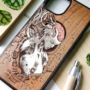 Humandroid - Étui de téléphone bois gravé au laser + peinture à la main pour iPhone 15, 14, 13, 12, 11, XS, X et Samsung S23, S22, S21, S20