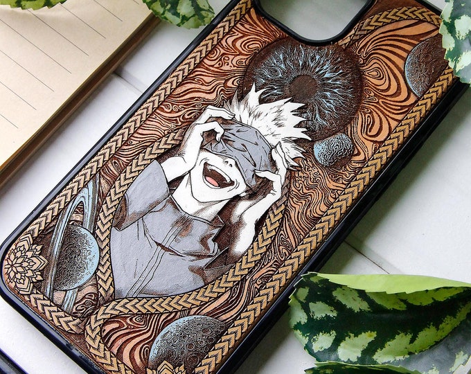 Incommensurable void - Coque de téléphone en bois gravée au laser + peinture à la main pour iPhone 15, 14, 13, 12, 11, XS, X et Samsung S23, S22, S21, S20