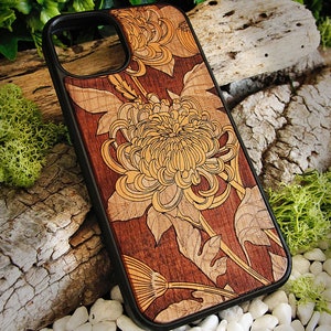 Chrysanthemum - laser gegraveerd telefoonhoesje voor iPhone 15, 14, 13, 12, 11, XS, X en Samsung S23, S22, S21, S20