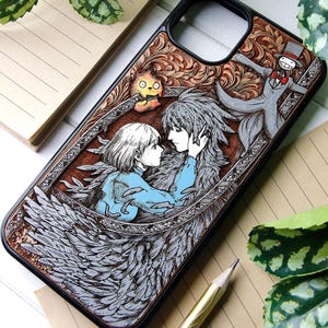 Howl - Phone case wood laser engraved + hand painting for iPhone 15, 14, 13, 12, 11, XS, X and Samsung S23, S22, S21, S20