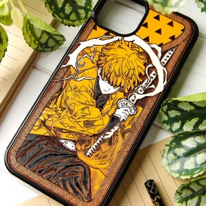 Lightning samurai - Phone case wood laser engraved + hand painting for iPhone 15, 14, 13, 12, 11, XS, X and Samsung S23, S22, S21, S20