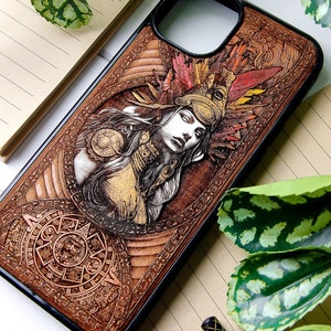 Maya - Phone case wood laser engraved + hand painting for iPhone 15, 14, 13, 12, 11, XS, X and Samsung S23, S22, S21, S20