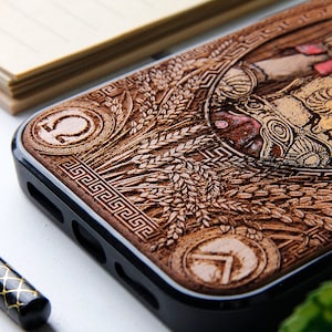 Spartan Recolored Phone case wood laser engraved hand painting for iPhone 15, 14, 13, 12, 11, XS, X and Samsung S23, S22, S21, S20 image 4