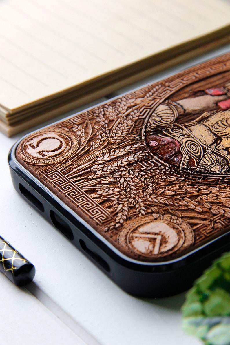 Spartan Recolored Phone case wood laser engraved hand painting for iPhone 15, 14, 13, 12, 11, XS, X and Samsung S23, S22, S21, S20 image 4