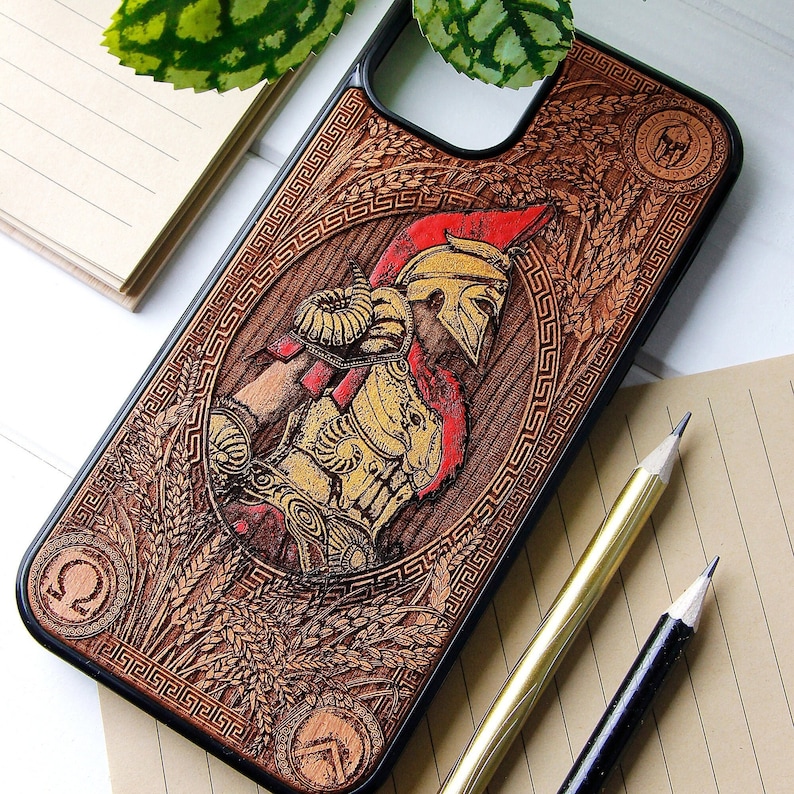 Spartan Recolored Phone case wood laser engraved hand painting for iPhone 15, 14, 13, 12, 11, XS, X and Samsung S23, S22, S21, S20 image 1