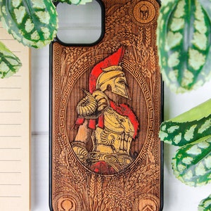 Spartan Recolored Phone case wood laser engraved hand painting for iPhone 15, 14, 13, 12, 11, XS, X and Samsung S23, S22, S21, S20 image 5