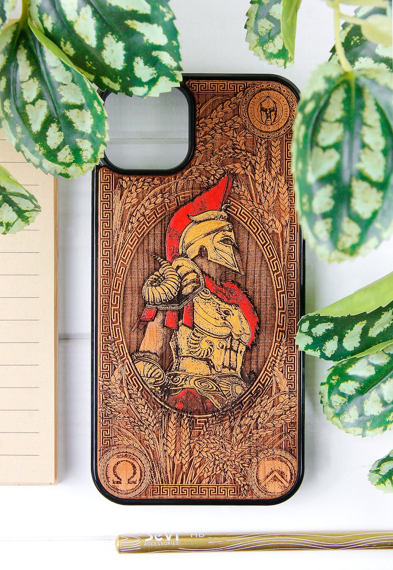 Spartan Recolored Phone case wood laser engraved hand painting for iPhone 15, 14, 13, 12, 11, XS, X and Samsung S23, S22, S21, S20 image 5