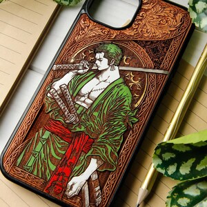 Swordsman - Phone case wood laser engraved + hand painting for iPhone 16, 15, 14, 13, 12, 11, XS, and Samsung S25, S24, S23