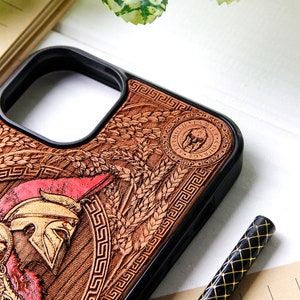 Spartan Recolored Phone case wood laser engraved hand painting for iPhone 15, 14, 13, 12, 11, XS, X and Samsung S23, S22, S21, S20 image 2