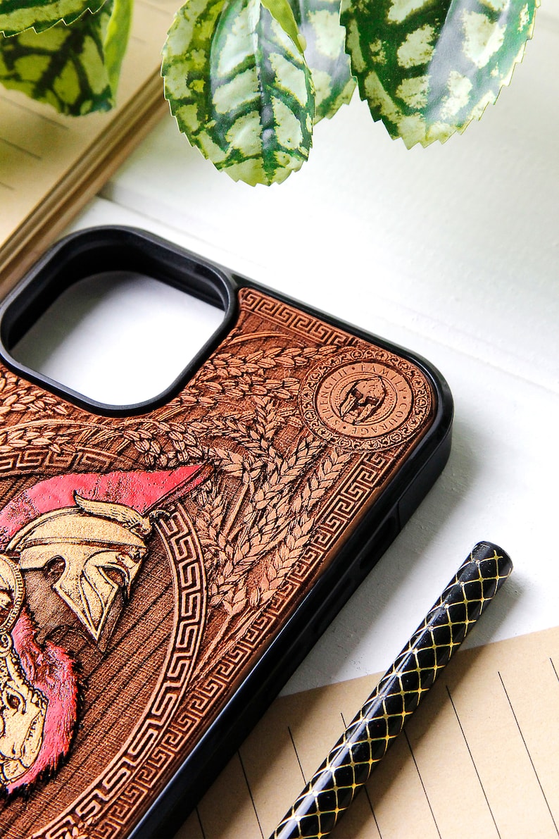 Spartan Recolored Phone case wood laser engraved hand painting for iPhone 15, 14, 13, 12, 11, XS, X and Samsung S23, S22, S21, S20 image 2