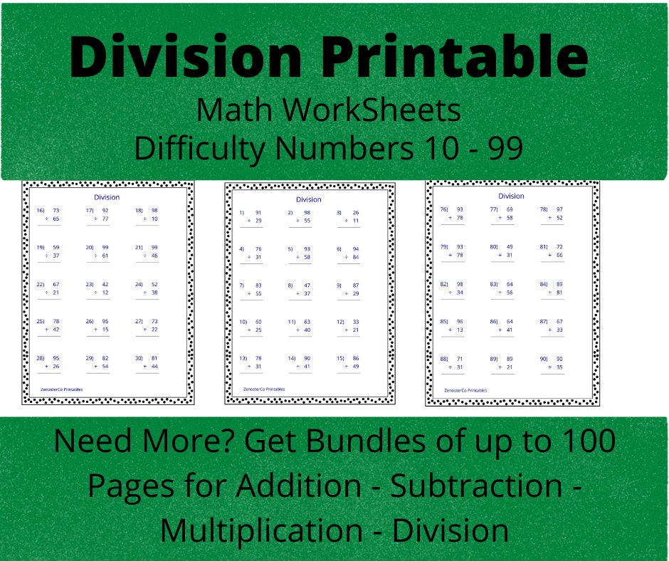 printable division worksheet 25 practice sheets with answers etsy india
