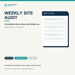 Puede incluir: Una plantilla digital para una auditoría de sitio semanal con un encabezado azul oscuro, un área de documento blanca con líneas y texto que incluye ProgramReady Templates, Consistent site reviews and follow-up y Word + PDF.