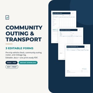 Community Outing and Transport Forms, Pre-Trip Vehicle Check, Outing Roster, Mileage Reimbursement Log, Group Home DOCX + PDF