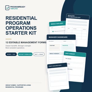 Op de afbeelding: Een digitale starterkit voor de bedrijfsvoering van woonprogramma's met 12 bewerkbare beheerformulieren. De tekst luidt: Programready Templates, Residential Program Operations Starter Kit, 12 Editable Management Forms, Word + PDF, Instant Download, Edit + Print, Group Homes, Supported Living, Residential Programs.