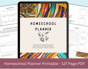 May include: A digital tablet displaying a printable homeschool planner with a colorful abstract design. The planner is titled "Homeschool Planner" and includes a section for organizing lessons, a section for tracking progress, and a section for setting goals. The text "Your go-to for organizing lessons and cheering on the big and small wins. It's all about making learning fun and keeping everything on track!" is also included.