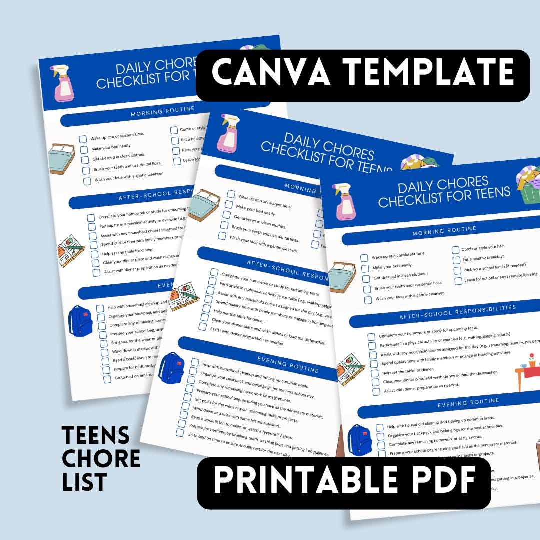 Teens Chore List, Editable Daily Tasks, Printable Responsibility Chart ...