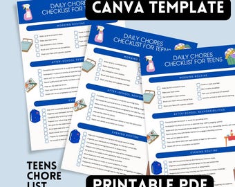 Teens Chore List, Editable Daily Tasks, Printable Responsibility Chart, Kids Weekly Checklist, Chore Planner