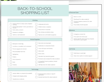 May include: A printable checklist for back-to-school shopping. The checklist is divided into categories: Clothing, School Supplies, Technology, Personal Care, Miscellaneous, and Extras. The checklist includes items such as school uniforms, backpacks, notebooks, pencils, pens, highlighters, erasers, rulers, scissors, calculators, protractors, art supplies, USB flash drives, laptops, tablets, computers, chargers, headphones, earbuds, protective laptop sleeves, external hard drives, brushes, combs, deodorant, feminine hygiene products, face masks, emergency contact lists, first-aid kits, school-specific items, desk lamps, study lights, and desk chair cushions.