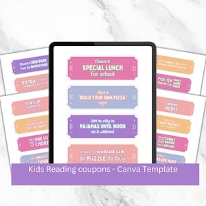 May include: A set of colorful printable coupons for kids that can be used as rewards for reading. The coupons feature fun activities like extra time before bedtime, staying up late, a special lunch at school, a family game night, and more.
