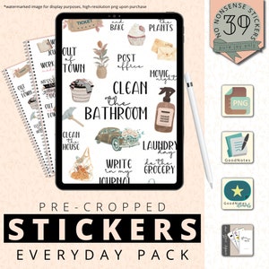 May include: A digital planner screen displaying a set of 15 pre-cropped stickers with illustrations and text. The stickers feature themes like cleaning, laundry, writing in a journal, and going to the post office. The text on the screen reads "Pre-cropped Stickers Everyday Pack".