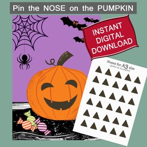 Pin de neus op de pompoen afdrukbare spel, Pin de neus op de Jack o lantaarn, Halloween party game, Vakantie party games