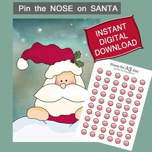 Pin the nose on santa printable game, Pin the nose on father christmas, Pin the tail game, Christmas party game, xmas game, classroom game