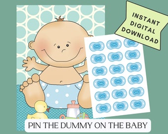 Pin the dummy on the baby, Pin the pacifier on the baby, printable baby shower game, Pin the tail game
