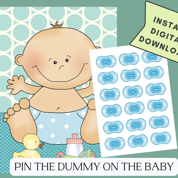 Pin the dummy on the baby, Pin the pacifier on the baby, printable baby shower game, Pin the tail game